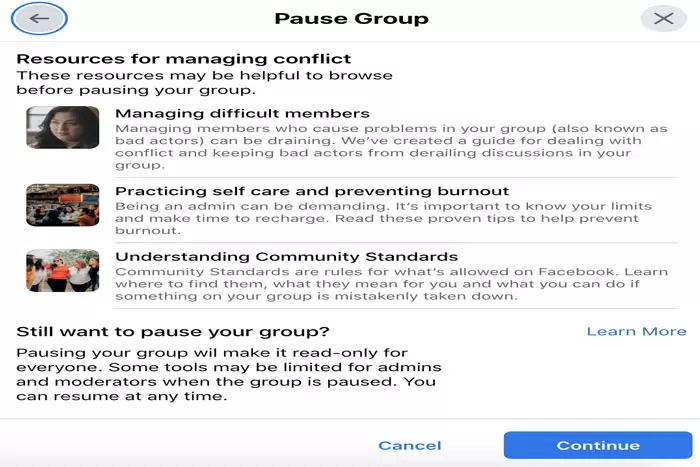 To pause a Fb group do this